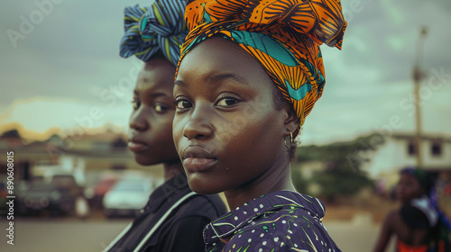 Two women wearing colorful head scarves stand in front of a building photo