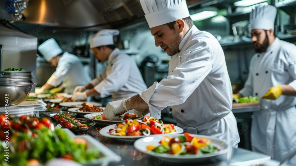 A chef is preparing food in a kitchen with other chefs A chef is preparing food in a kitchen with other chefs
