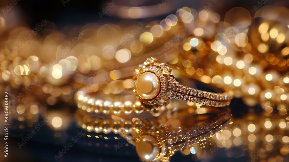 Golden Ring with Pearl and Diamonds. Golden Ring with Pearl and Diamonds.