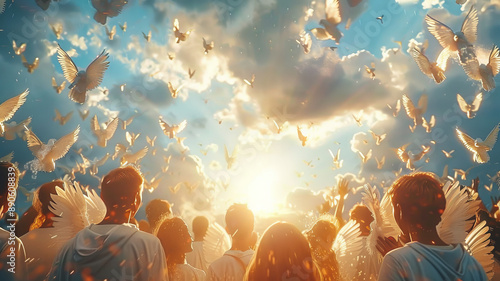 Christians of all ages gathered together in prayer together outside in public and light and angels being released while they pray cinematic.generative ai
