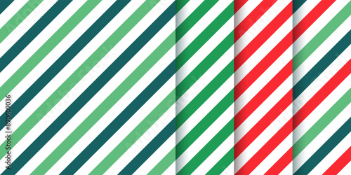 Seamless patterns with diagonal stripes. Christmas background. Set red green textures. Xmas candy cane wrapping paper. Festive striped print. Geometric design. Abstract backdrop. Vector illustration