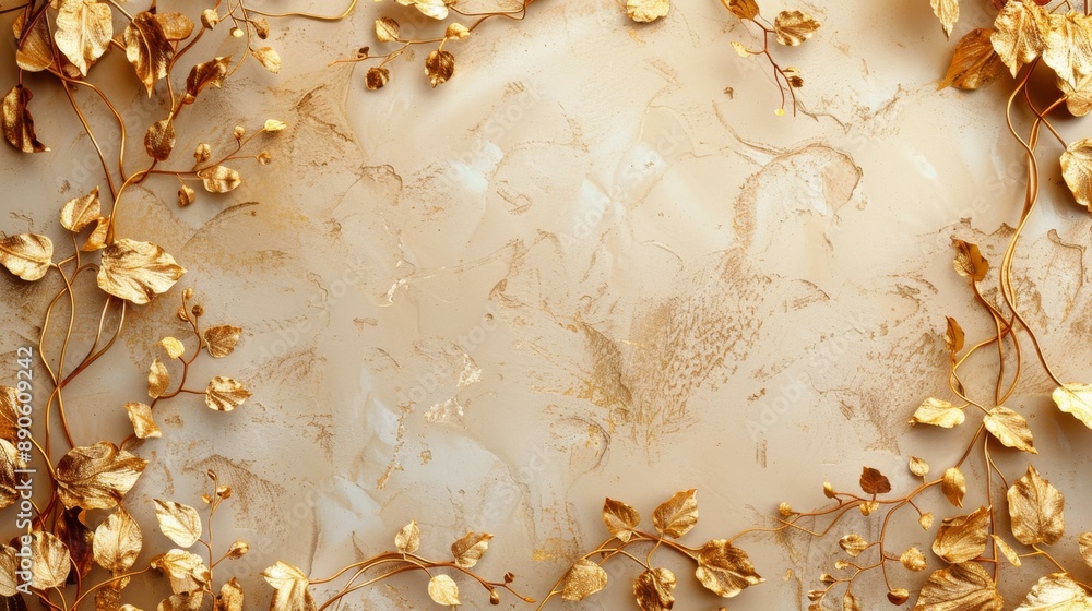 Golden Leaves Frame on Beige Background. Golden Leaves Frame on Beige Background.