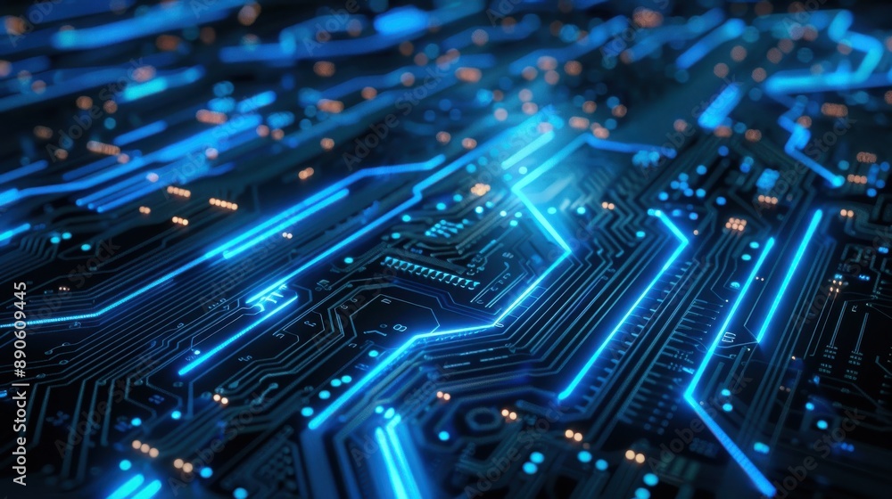 Abstract blue circuit board background with glowing lines and patterns, technology concept for digital chip design or data transfer in information technology Abstract blue circuit board background with glowing lines and patterns, technology concept for digital chip design or data transfer in information technology