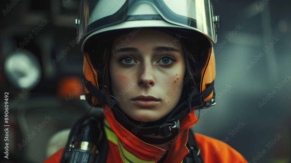 Close-Up Portrait of a Female Firefighter in Gear Close-Up Portrait of a Female Firefighter in Gear