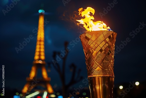 Golden Olympic Torch With Eiffel Tower in Background at Night