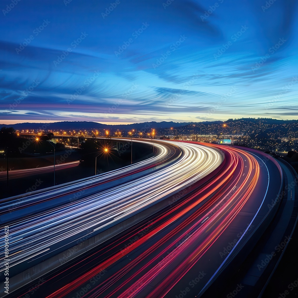 mesmerizing light trails on a curved highway at night long exposure creates streaks of red and white against a deep blue sky urban energy and constant motion captured in a single frame mesmerizing light trails on a curved highway at night long exposure creates streaks of red and white against a deep blue sky urban energy and constant motion captured in a single frame