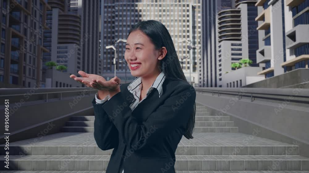 An Asian Business Woman Blowing Kisses And Smiling To Camera In Urban City An Asian Business Woman Blowing Kisses And Smiling To Camera In Urban City