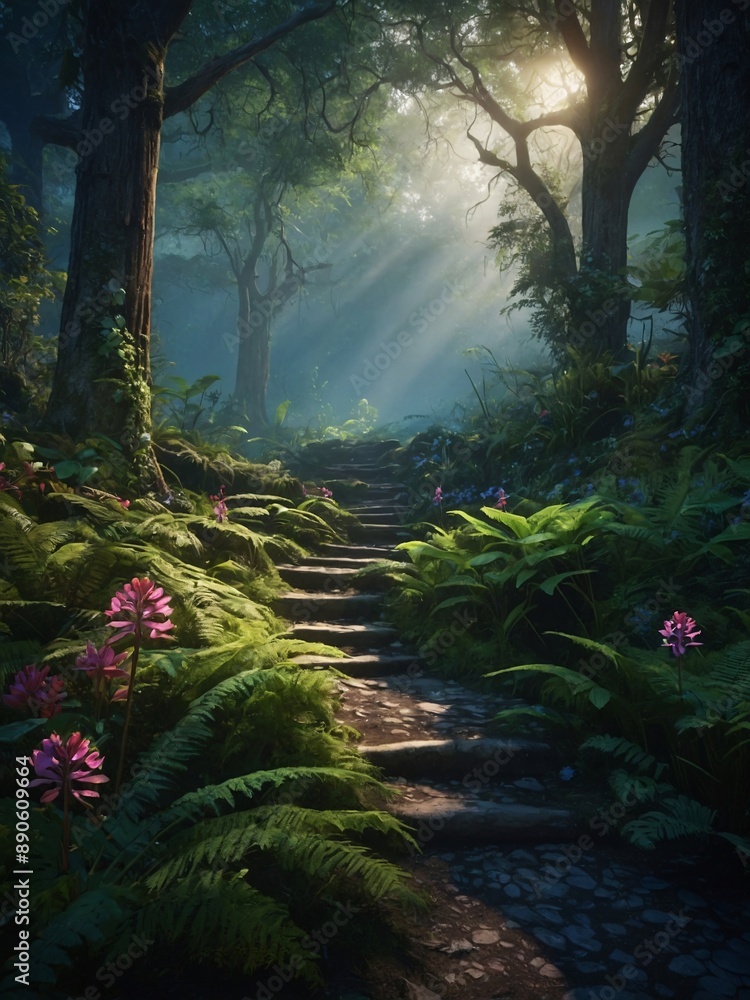 Enchanted forest fantasy backdrop in realistic video game digital art Enchanted forest fantasy backdrop in realistic video game digital art