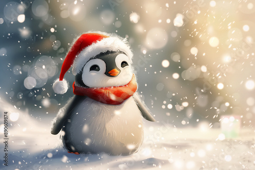digital painting of cute penguin chick with santa hat and scarf