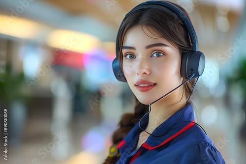 Professional Female Travel Agent Wearing Headphones in a Modern Airport Setting