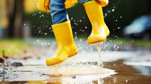 Kids in a puddle. Child having fun outdoors in raining seoson. Toddler jumping in pool of water at the summer, rainging  or autumn day. Outdoors activity for kids. photo