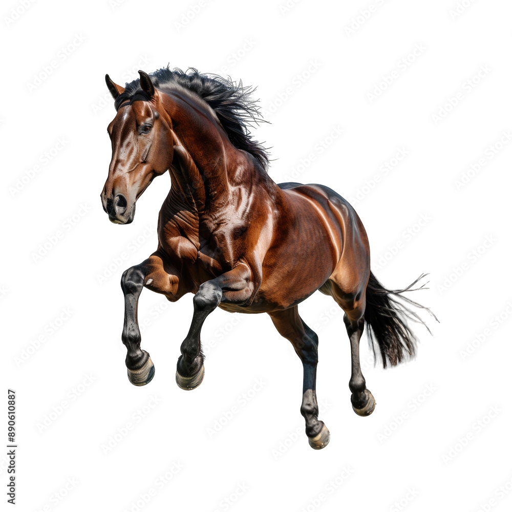Obraz premium Brown and black horse jumping isolated on transparent background cutout PNG