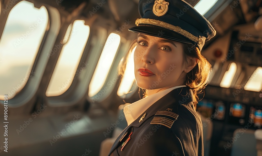dramatic portrait of a beautiful woman captain standing on the bridge inside an airplane, cinematic and highly detailed with a touch of suspense dramatic portrait of a beautiful woman captain standing on the bridge inside an airplane, cinematic and highly detailed with a touch of suspense