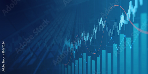 Financial graph with uptrend line and bar chart of stock market on blue color background
