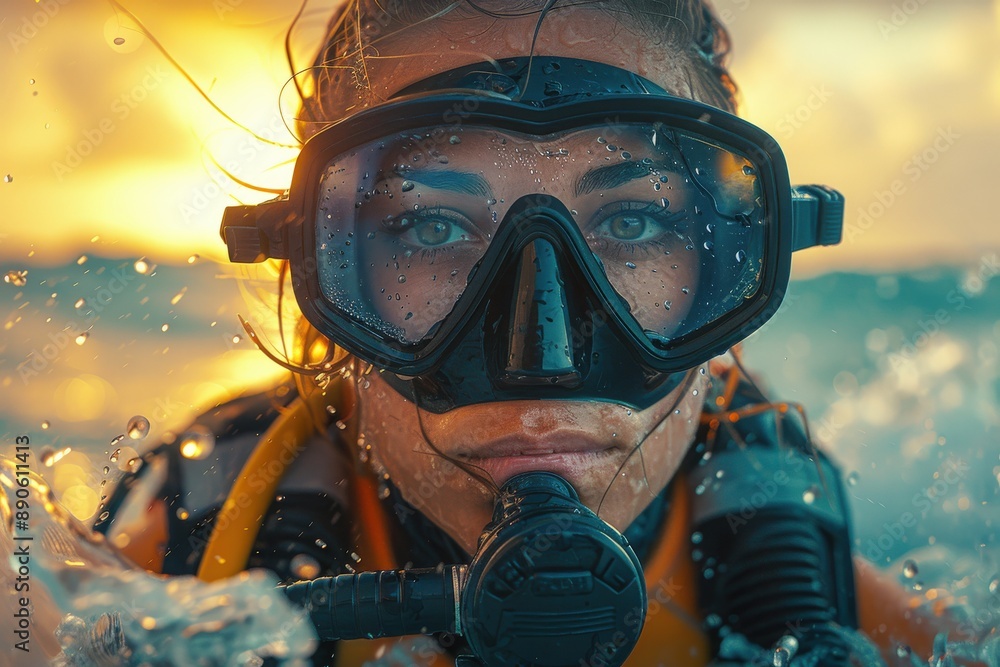 A scuba diver emerges from the ocean, with the sunset painting the sky in the background, capturing the spirit of adventure in the tranquility of the sea. A scuba diver emerges from the ocean, with the sunset painting the sky in the background, capturing the spirit of adventure in the tranquility of the sea.