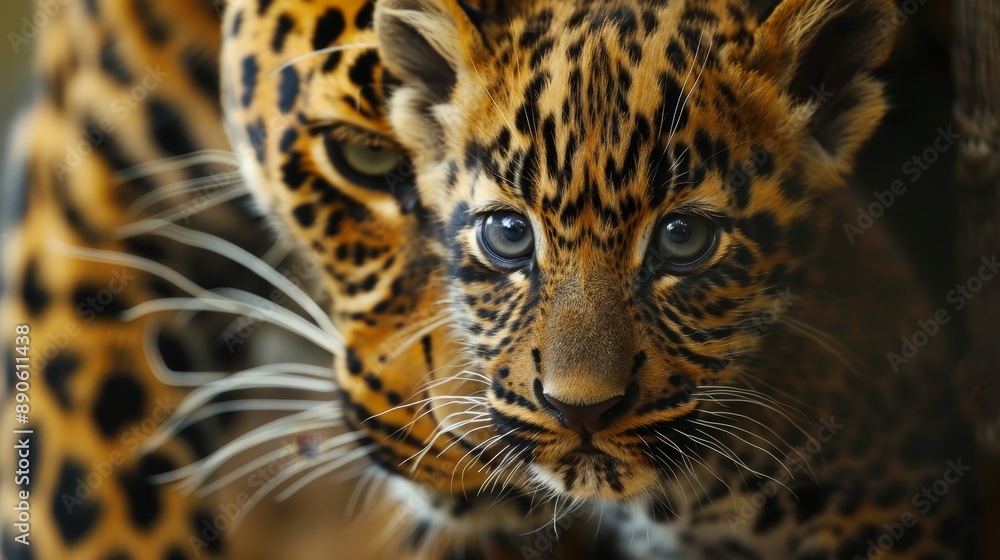 Obraz premium Close up portrait of a wild leopardess with blue eyes and black spots on a blurred background