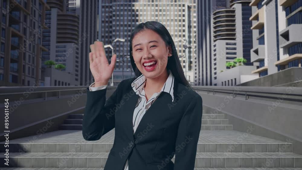 A Smiling Asian Business Woman Waving Hand Saying Good Bye While Walking Through In Urban City A Smiling Asian Business Woman Waving Hand Saying Good Bye While Walking Through In Urban City