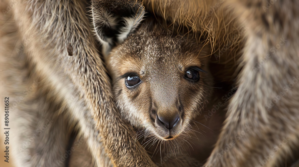 A curious joey kangaroo peeking out from its mother s pouch while she gazes with affection A curious joey kangaroo peeking out from its mother s pouch while she gazes with affection