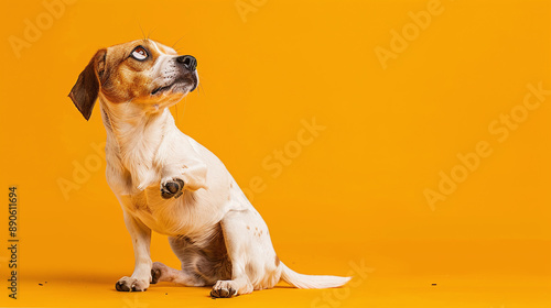 a scared dog looking up, orange background