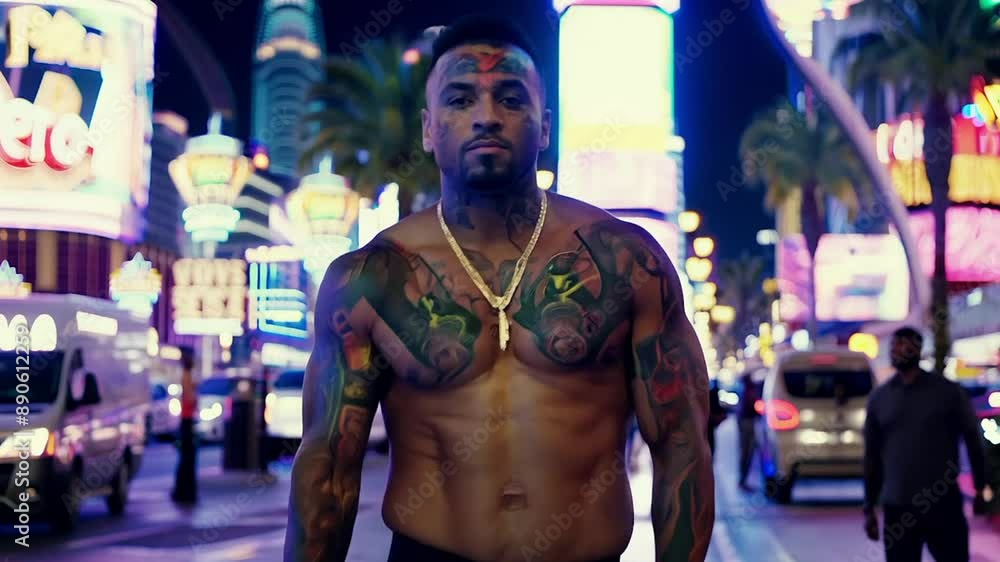 Man with tattoos walking on a city street at night Man with tattoos walking on a city street at night
