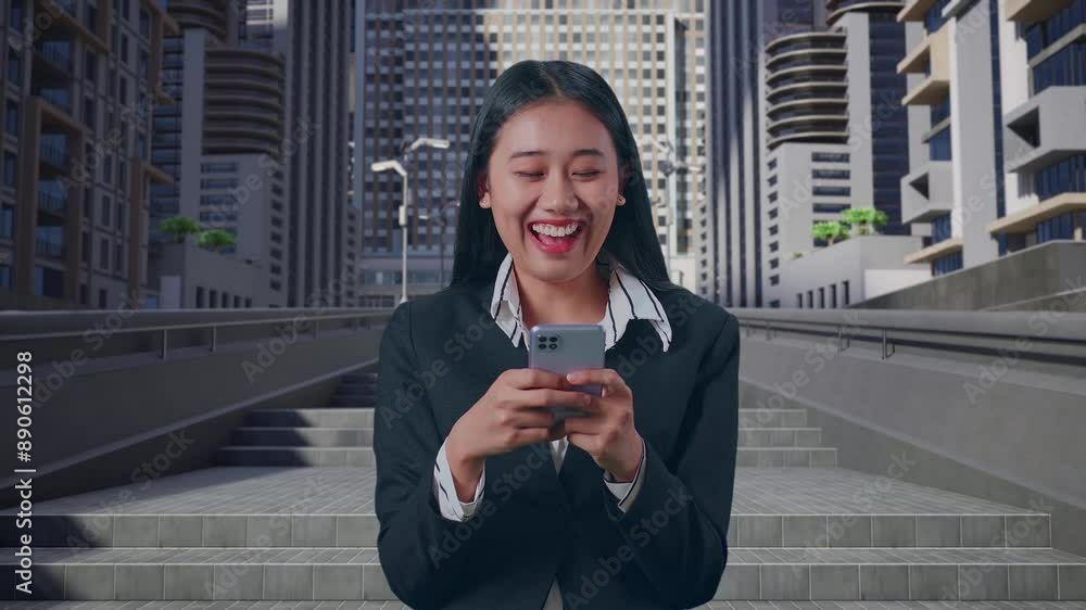 An Asian Business Woman Enjoy Using Mobile Phone While Standing In Urban City An Asian Business Woman Enjoy Using Mobile Phone While Standing In Urban City
