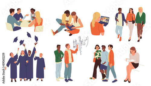 Students life. University education. College classmates. Young people group with graduate hats. Study campus. Teacher at blackboard. Online training laptop. School classroom. Vector class friends set