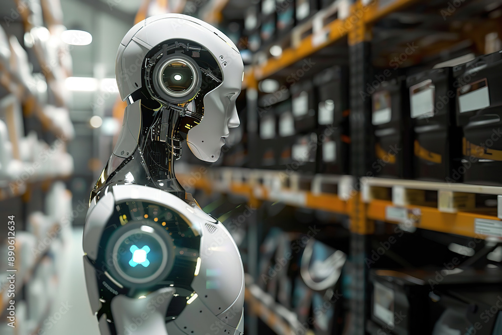 AI robot working in big warehouse AI robot working in big warehouse