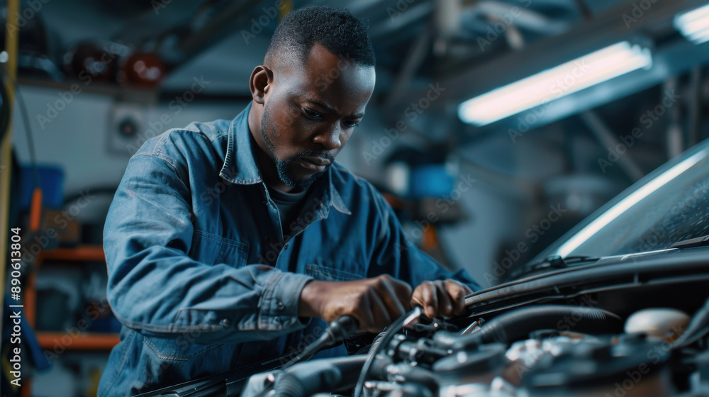 A BIPOC technician at a repair shop using advanced mechanical tools to inspect a broken car engine, ensuring optimal vehicle performance.
