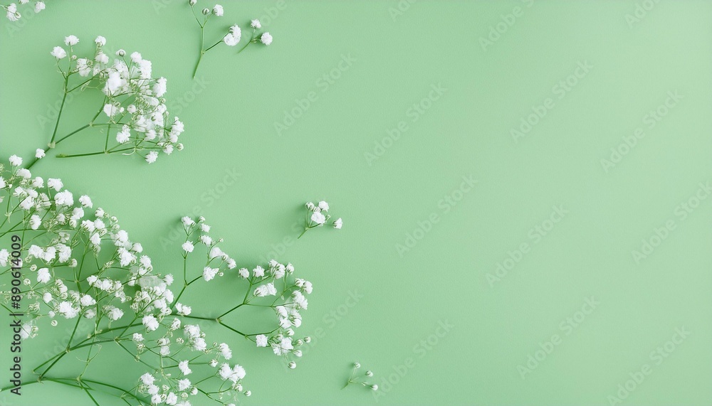 Fototapeta premium Romantic floral arrangement with white baby's breath flowers and a picture frame on a soft blue backdrop