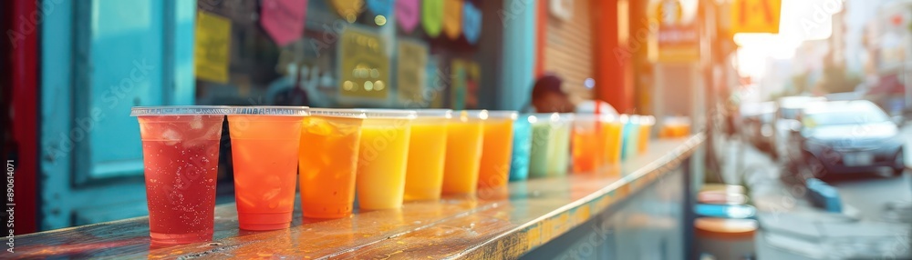Row of colorful drinks on a counter, blurred background. Row of colorful drinks on a counter, blurred background.