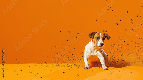 a dog scratching itself and multiple ticks visibly jumping off, orange background