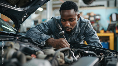 A BIPOC technician at an auto repair shop inspecting a damaged car engine with cutting-edge tools, performing a standard vehicle check-up.