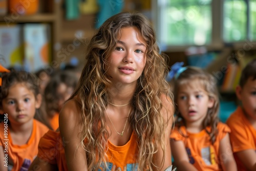 Young Female Teacher With a Group of Children in an Indoor Classroom Setting