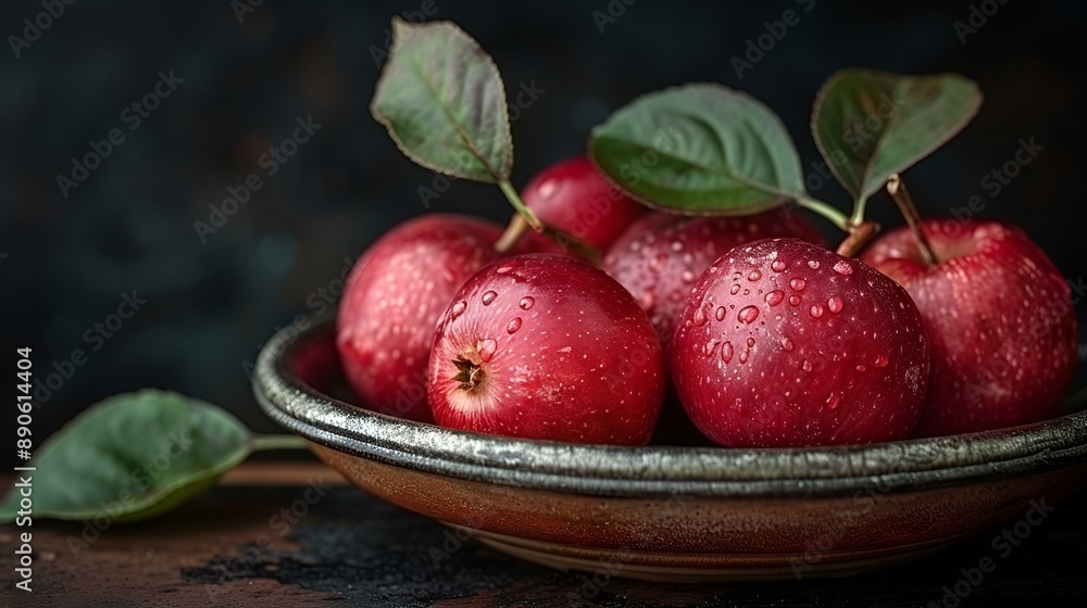 a bowl of apples with water droplets on them. a bowl of apples with water droplets on them.