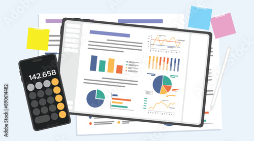 Data analysis with tablet and smartphone calculator app, Financial growth analysis concept, Statistics and graph on screen, Tablet with pen for drawing a data on screen.