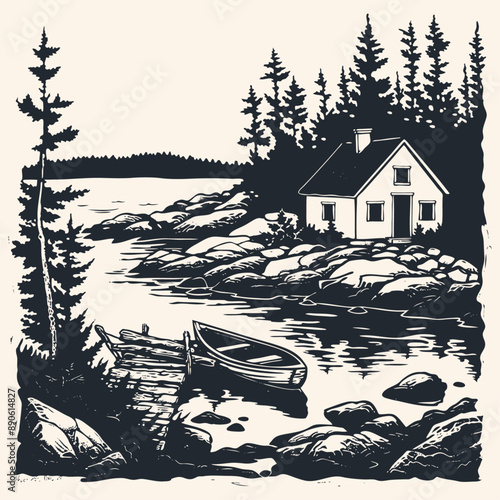 A detailed black and white illustration of a cabin by the lake with a boat docked on the shore, vector illustration.