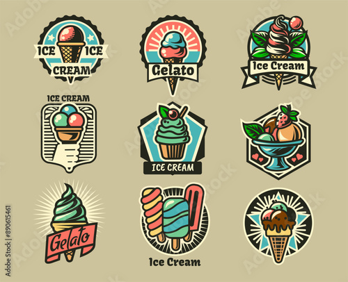 Retro gelato logo. Vintage ice cream bar badge. Company icon. Cold sweet dessert cone. Food shop menu label design. Soft summer frozen snack emblem. Popsicle milk flavor waffle. Vector stickers set