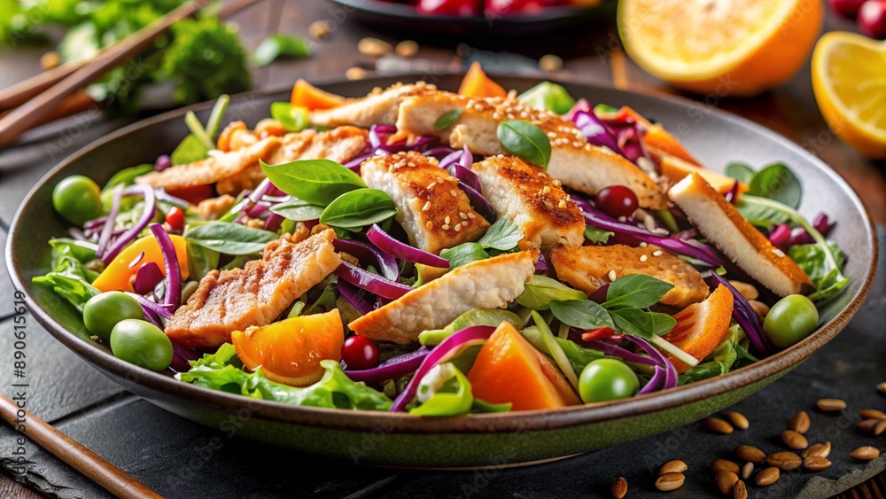 A detailed close-up of an Asian-inspired sesame chicken salad on a black ceramic dish, highlighting mixed greens, shredded carrots, red cabbage, edamame, grilled chicken, mandarin oranges. A detailed close-up of an Asian-inspired sesame chicken salad on a black ceramic dish, highlighting mixed greens, shredded carrots, red cabbage, edamame, grilled chicken, mandarin oranges.