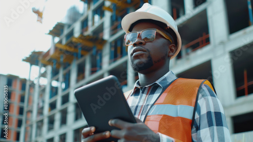 A Black engineer overseeing an urban construction site, using a tablet to coordinate and manage infrastructure development projects in civil engineering and architecture.