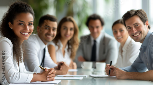 Successful Business Meeting in Modern Office. A diverse group of young professionals, dressed in business attire, smile confidently during a meeting in a modern office with large windows and natural l