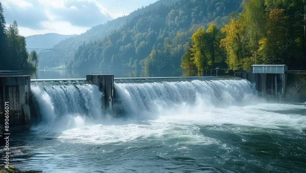Dam on a river with water flowing over the wall Dam on a river with water flowing over the wall