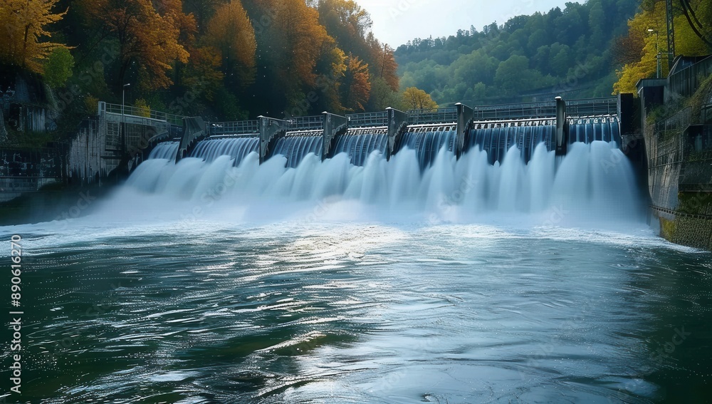 Fototapeta premium Dam on a river with water flowing over the wall