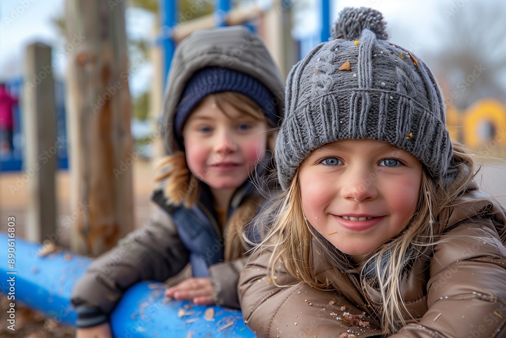 Two Girls Smiling on Playground in Winter Two Girls Smiling on Playground in Winter