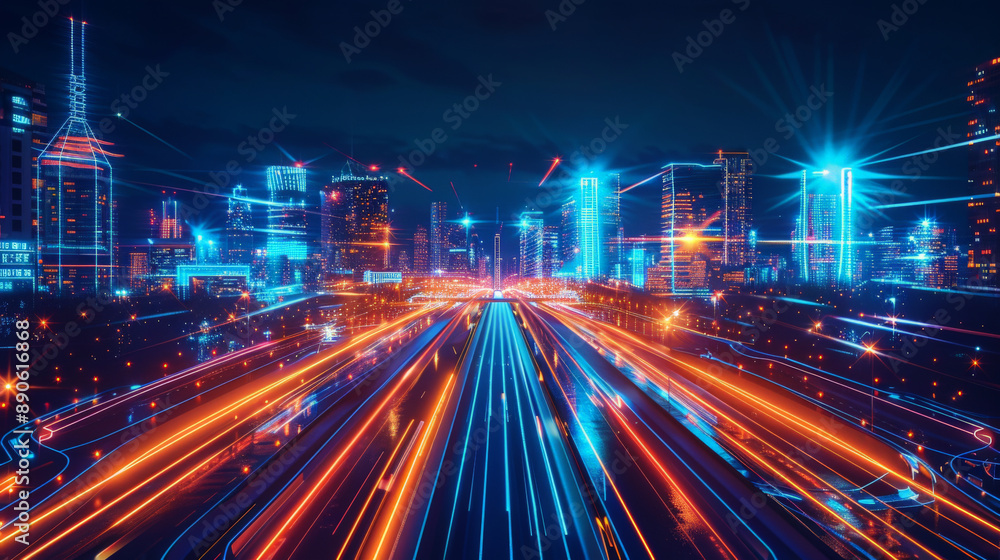 Obraz premium A digital urban landscape with neon blue and orange lines outlining the architecture and roadways. The vibrant colors and glowing lines create a dynamic, futuristic scene.