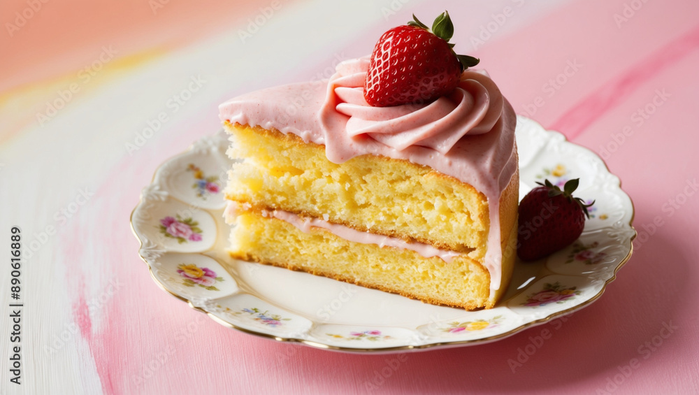 A Slice of Yellow Cake with Strawberry Frosting on an Ornate Plate