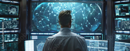A cybersecurity expert, a British male, adept at advanced threat detection and establishing robust security protocols, surrounded by multiple computer screens displaying encrypted data.