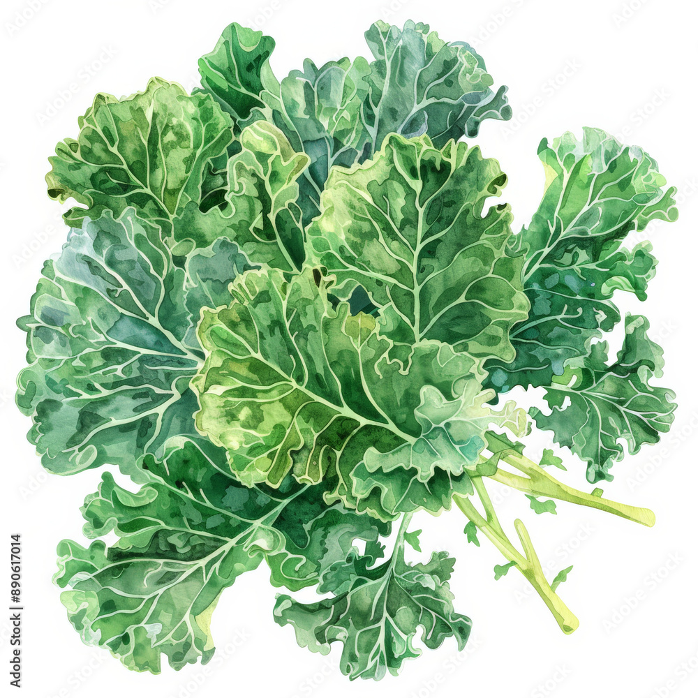 A watercolor illustration of fresh kale leaves, showing their detailed textures and vibrant green color, isolated on white background.