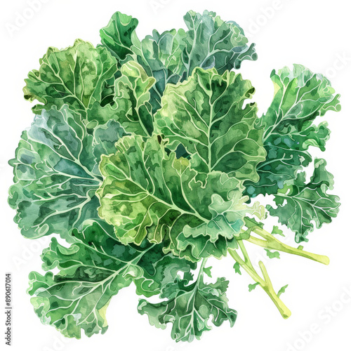 Obraz na płótnie A watercolor illustration of fresh kale leaves, showing their detailed textures and vibrant green color, isolated on white background. w salonie