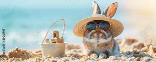 An adorable rabbit relaxing on the sandy beach, with a wide-brimmed sun hat and round sunglasses, sitting next to a small sandcastle and a bucket.