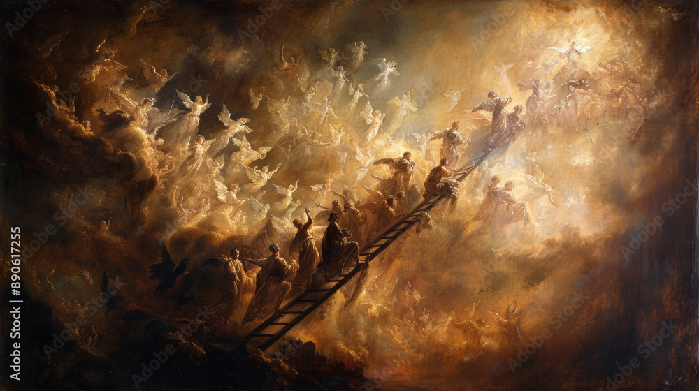 The vision of Jacob's ladder, with angels ascending and descending a ladder reaching from earth to heaven, and Jacob dreaming at the foot of the ladder.
